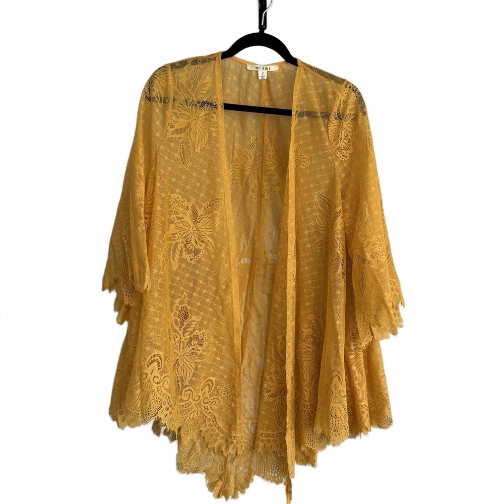 Mi ami Embroidered Lace Open Front Swim Pool Cover-Up Kimono Fluted Blouse Fairy